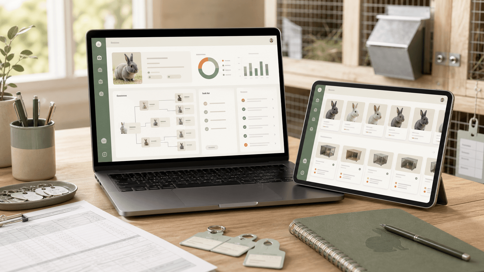 OmniBurrow rabbitry management dashboard shown on laptop and tablet screens.